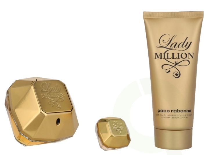 Paco Rabanne Lady Million Giftset 185 ml Edp Spray 80ml/Body Lotion 100ml/Edp Spray Mini 5ml in de groep BEAUTY & HEALTH / Geuren & Parfum / Parfum / Parfum voor haar bij TP E-commerce Nordic AB (D21273)