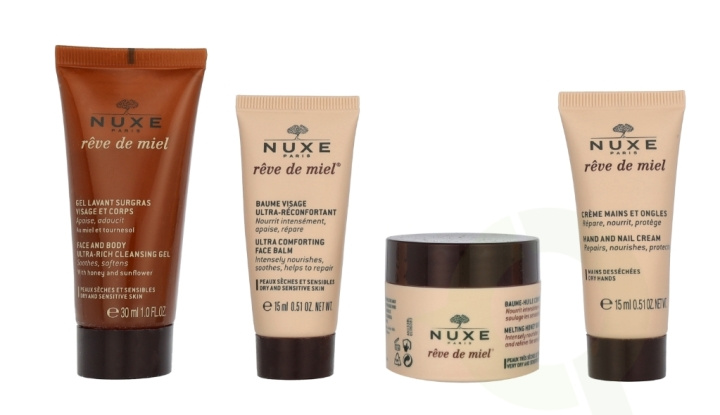 Nuxe Reve De Miel Travel Kit 90 ml Face and Body Wash 30 ml/Face Balm 15 ml/Melting Body Oil Balm 30 ml/Hands and Nails Cream 15 ml in de groep BEAUTY & HEALTH / Cadeausets / Cadeausets voor haar bij TP E-commerce Nordic AB (D23414)