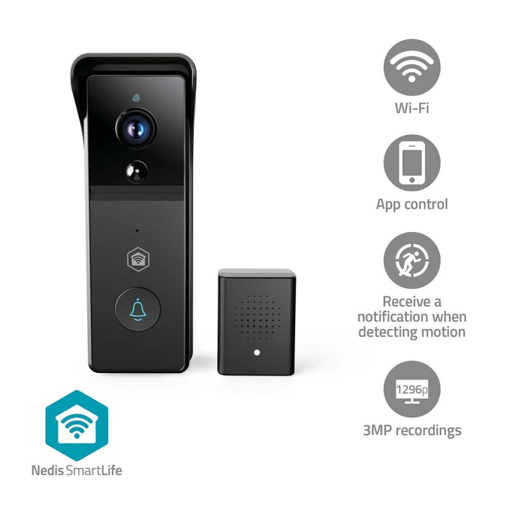 Nedis SmartLife Videodeurbel | Batterij Gevoed | 3MP Full HD 1296p | Cloud Opslag (optioneel) / microSD (niet inbegrepen) | IP44 | Met bewegingssensor | Nachtzicht | Zwart in de groep HUISHOUDEN & TUIN / Alarm & Beveiliging / Deurbellen bij TP E-commerce Nordic AB (D24980)