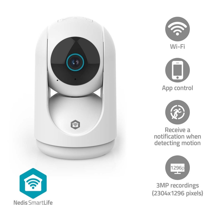 Nedis SmartLife Camera voor Binnen | 3MP Full HD 1296p | Pan tilt | Cloud Opslag (optioneel) / microSD (niet inbegrepen) / Onvif | Met bewegingssensor | Nachtzicht | Wit in de groep HUISHOUDEN & TUIN / Alarm & Beveiliging / Beveiligingscamera\'s / Digitaal (netwerk) / Binnencamera\'s bij TP E-commerce Nordic AB (D24995)