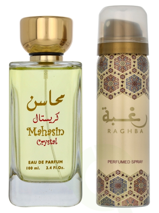 Lattafa Mahasin Crystal Giftset 150 ml Edp Spray 100ml/Deodorant Spray 50ml in de groep BEAUTY & HEALTH / Geuren & Parfum / Parfum bij TP E-commerce Nordic AB (D25904)