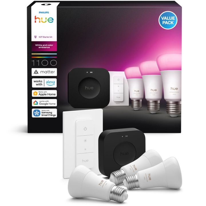 Philips Hue Startkit White and Color Ambiance 3xE27 1100lm + fjärr + Hue Bridge Pro in de groep HUISHOUDEN & TUIN / Smart home / Slimme verlichting bij TP E-commerce Nordic AB (D29116)