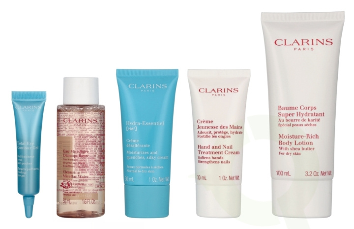 Clarins Head - To -Toe Moisturizing Essentials Set 217 ml Eau Micellaire 50ml/Total Eye gel 7ml/Silky Cream 30ml/Hand And Nail Cream 30ml/Body Lotion 100m in de groep BEAUTY & HEALTH / Huidsverzorging / Gezicht / Dagcrème bij TP E-commerce Nordic AB (D29596)
