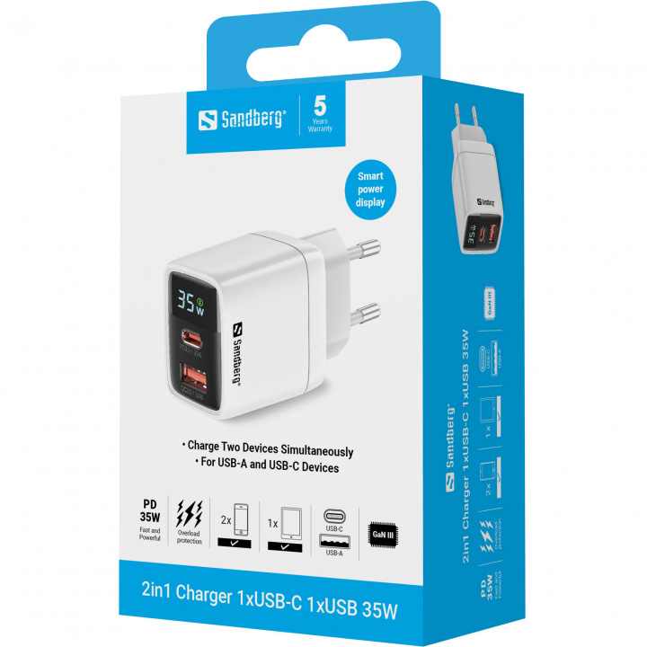 Sandberg 2in1 Oplader 1xUSB-C 1xUSB 35W in de groep SMARTPHONE & TABLETS / Opladers & Kabels / Wandoplader / Wandoplader Type C bij TP E-commerce Nordic AB (D30375)
