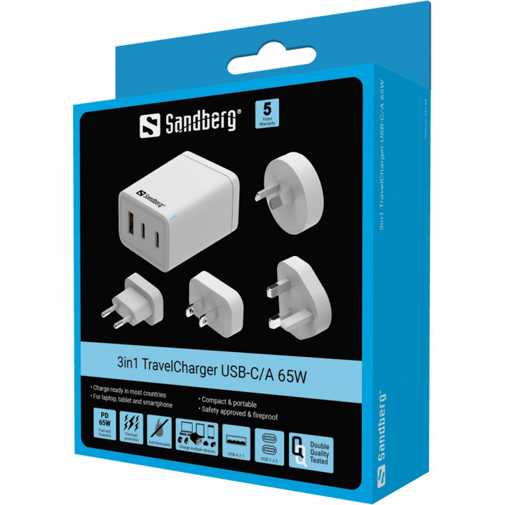 Sandberg 3in1 Reislader USB-C/A 65W in de groep HUISHOUDEN & TUIN / Elektriciteit & Verlichting / Reisadapters bij TP E-commerce Nordic AB (D30376)