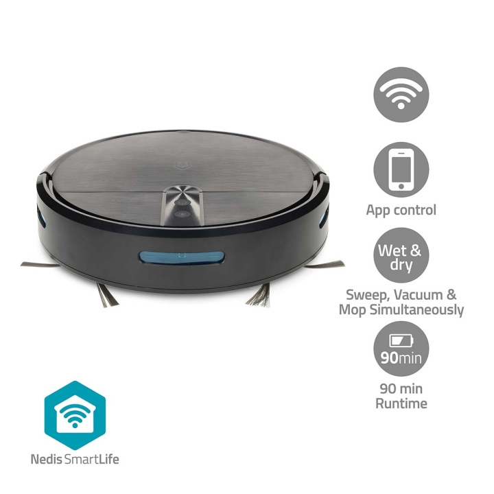 Nedis SmartLife Robotstofzuiger | Willekeurig | Wi-Fi | Capaciteit opvangreservoir: 0.6 l | Automatisch opladen | Maximale gebruiksduur: 2 uur | Zwart | Android™ / IOS in de groep HUISHOUDEN & TUIN / Schoonmaakproducten / Stofzuigers & Accessoires / Robotstofzuigers bij TP E-commerce Nordic AB (D30541)