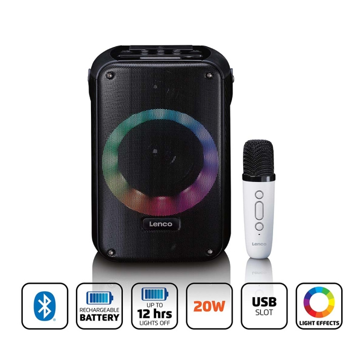 Lenco Karaokesysteem met Bluetooth®, oplaadbare batterij, draadloze karaokemicrofoon en disco LED-verlichting Zwart in de groep HOME ELECTRONICS / Audio & Beeld / Luidsprekers & accessoires / Bluetooth-luidsprekers / Draagbare luidsprekers bij TP E-commerce Nordic AB (D32151)
