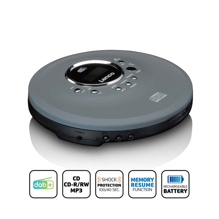 Lenco Discman met DAB+ FM-radio oplaadbare batterij Grijs in de groep HOME ELECTRONICS / Audio & Beeld / Thuisbioscoop, Hifi en Draagbaar / Draagbare audiospelers / CD spelers bij TP E-commerce Nordic AB (D32165)