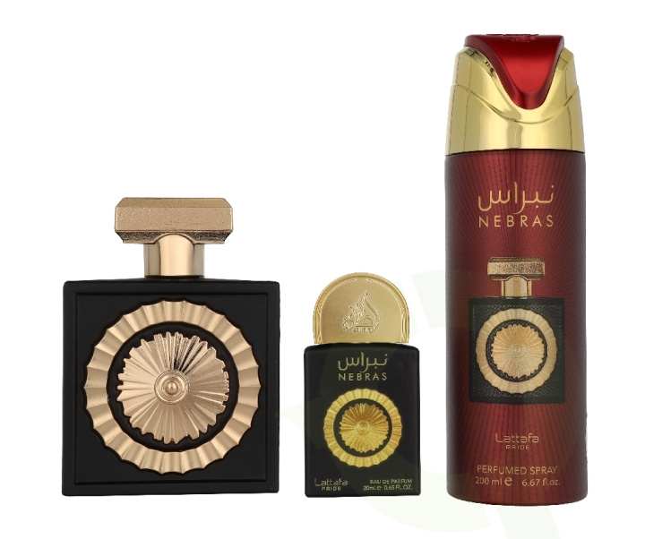 Lattafa Pride Nebras Giftset 320 ml Edp Spray 100ml/Edp Spray 20ml/Deo Spray 200ml in de groep BEAUTY & HEALTH / Cadeausets / Cadeausets voor haar bij TP E-commerce Nordic AB (D33532)
