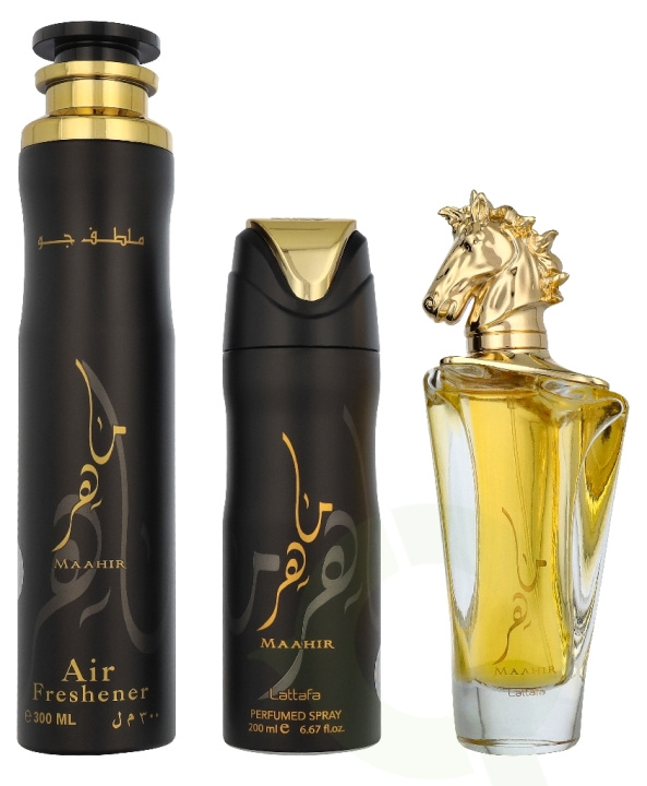 Lattafa Maahir Giftset 600 ml Edp Spray 100ml/Deo Spray 200ml/Air Freshener 300ml in de groep BEAUTY & HEALTH / Cadeausets / Cadeausets voor haar bij TP E-commerce Nordic AB (D33533)