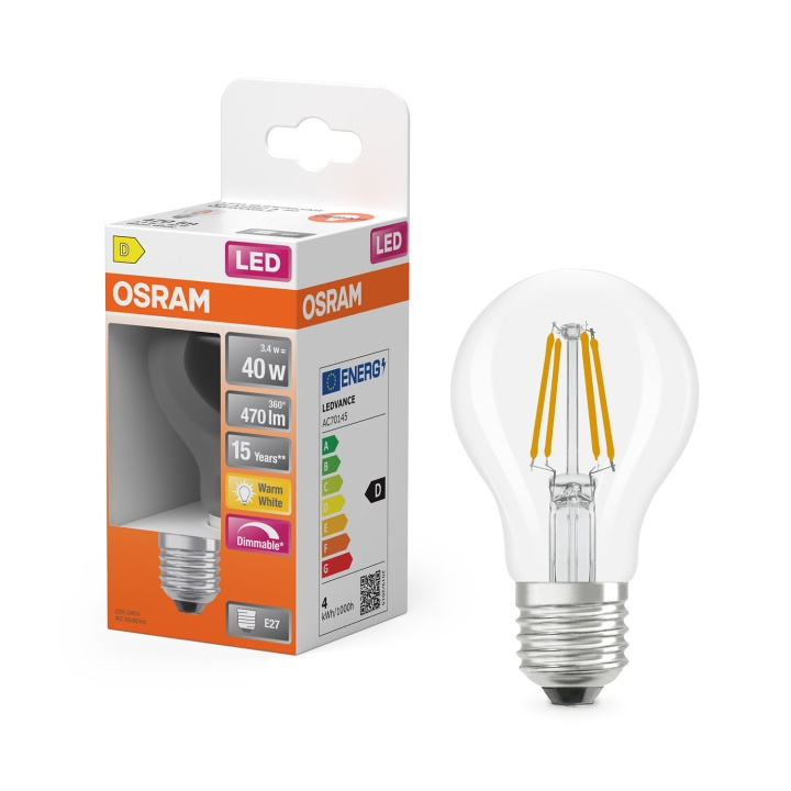 Osram Lampa LED Retrofit Classic A Dim 3,4W 827 Clear E27 in de groep HOME ELECTRONICS / Verlichting / LED-lampen bij TP E-commerce Nordic AB (D34610)