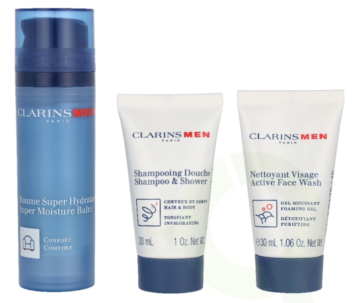 Clarins Men Hydration Essentials Set 110.9 ml Super Moisture Balm 50ml/Shampoo & Shower Gel 30ml/Facial Cleanser 30ml/Double Serum Eye 0,9ml in de groep BEAUTY & HEALTH / Huidsverzorging / Lichaamsverzorging / Bad- en douchegels bij TP E-commerce Nordic AB (D35858)