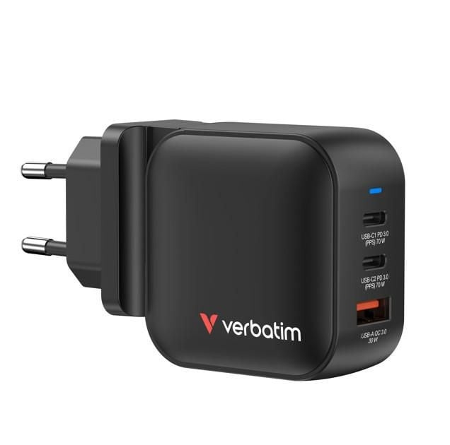 Verbatim Mini GaN-oplader 70 W met 3 poorten, Amerikaanse stekker en adapters voor de EU en het VK in de groep SMARTPHONE & TABLETS / Opladers & Kabels / Wandoplader bij TP E-commerce Nordic AB (D38306)