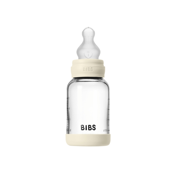 BIBS Glazen babyfles, rond, met siliconen ring, 1 stuk, 120 ml, langzame doorstroming - ivoorkleurig - 120 ml in de groep SPEELGOED, KINDER- & BABYPRODUCTEN / Eten & Drinken bij TP E-commerce Nordic AB (D42657)