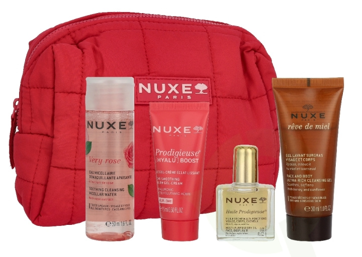 Nuxe Travel Set 105 ml Very Rose Micellar Water 50 ml/Prodigieuse Boost Cream-Gel 10 ml/Reve De Miel Cleansing Gel 30ml/Creme Fraiche Cream 15ml/Pouch in de groep BEAUTY & HEALTH / Huidsverzorging / Zonnebank / Zonnebescherming bij TP E-commerce Nordic AB (D45807)