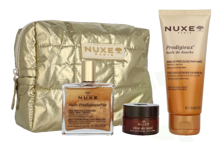 Nuxe My Beauty Essentials Set 165 ml Huile Prodigieuse Or 50ml/Nuxe Prodigieux Precious Scented Shower Gel 100ml/Reve De Miel Lip Balm 15gr/Pouch in de groep BEAUTY & HEALTH / Cadeausets / Cadeausets voor haar bij TP E-commerce Nordic AB (D45833)