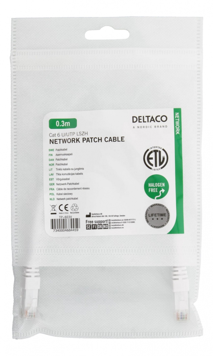 DELTACO UTP Cat6-patchkabel 0,3m, wit