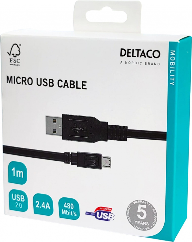 DELTACO USB 2.0 kabel Typ A ha - Typ Micro B ha, 5-pin, 1m, svart