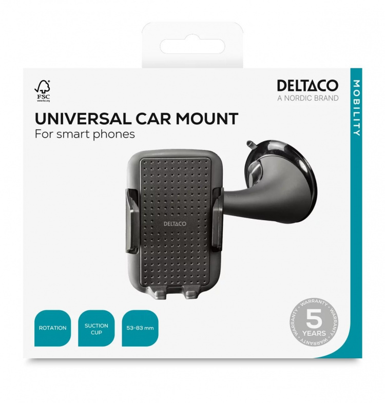 DELTACO car holder for smartphone, adjustable with suction cup, black