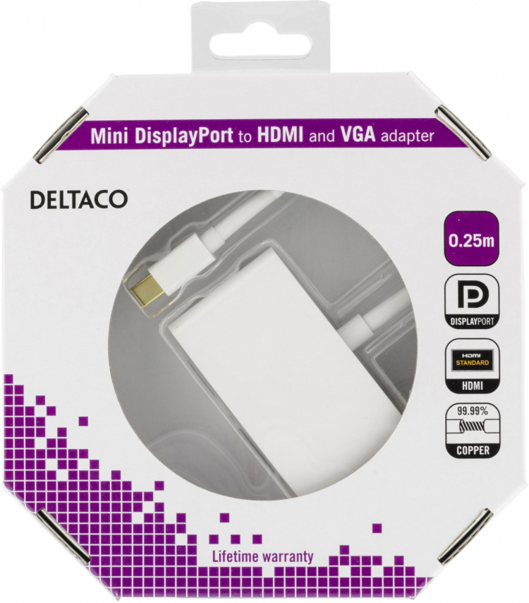 DELTACO mini DisplayPort till HDMI och VGA-adapter, 0,25m, vit