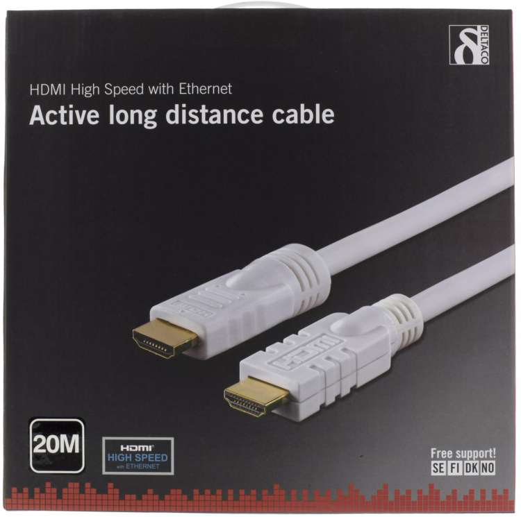 DELTACO active HDMI cable, HDMI High Speed with Ethernet, 20m, white DELTACO active HDMI cable, HDMI High Speed with Ethernet, 20m, white