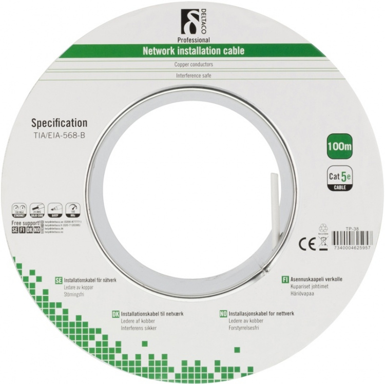 DELTACO U/UTP installationskabel, Cat5e, 100m, vit
