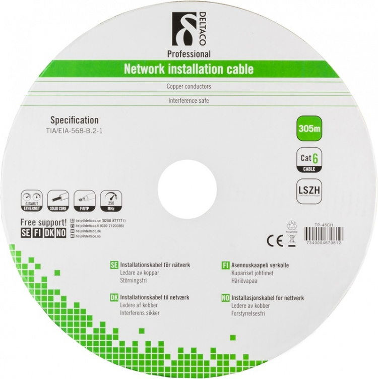 DELTACO LSZH FTP installationskabel, Cat6, 305m,grå