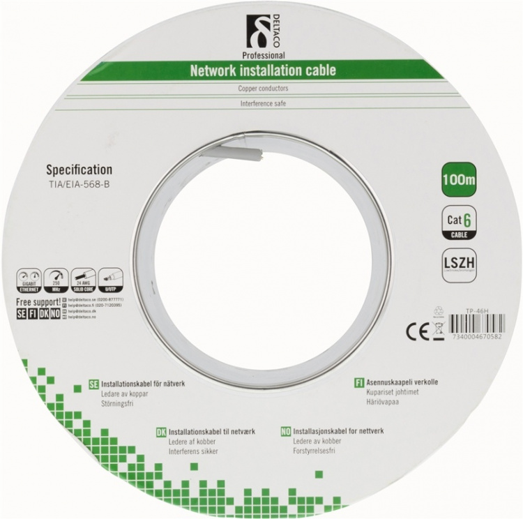 DELTACO LSZH UTP installationskabel, (LSZH), Cat6, 100m, grå