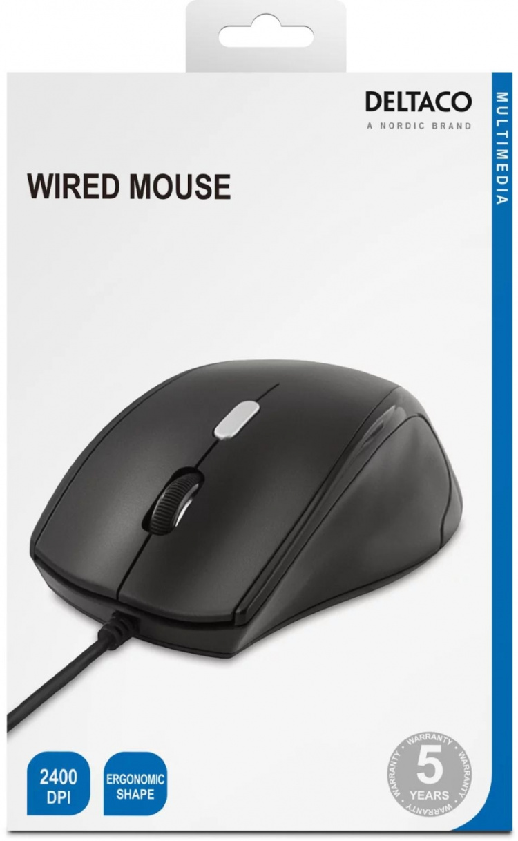 DELTACO optisk mus, 3 knappar med scroll, USB, svart