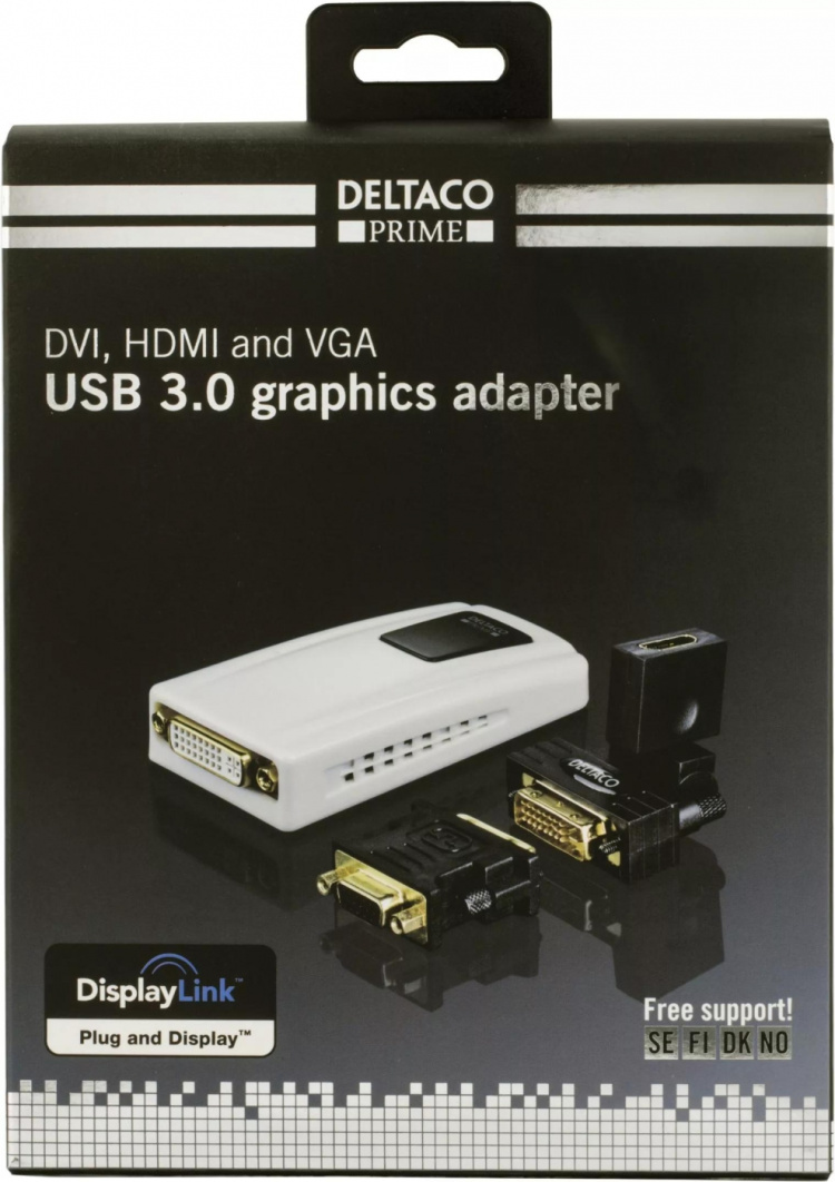DELTACO PRIME USB 3.0 till DVI/HDMI/VGA-adapter, 2048x1152, vit