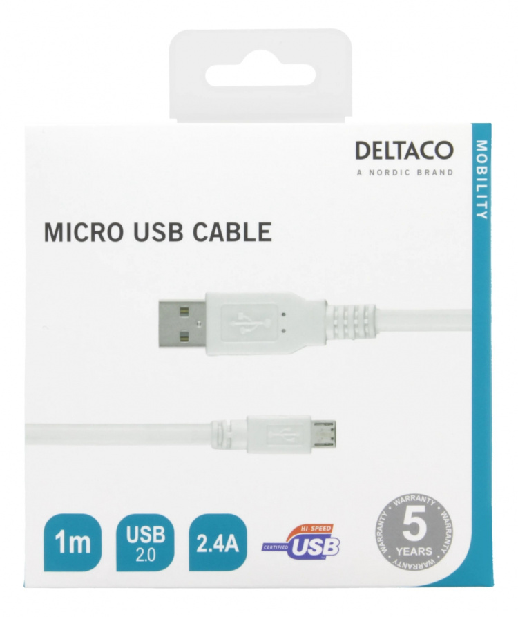 DELTACO USB 2.0 kabel Typ A ha - Typ Micro B ha, 5-pin, 1m, vit