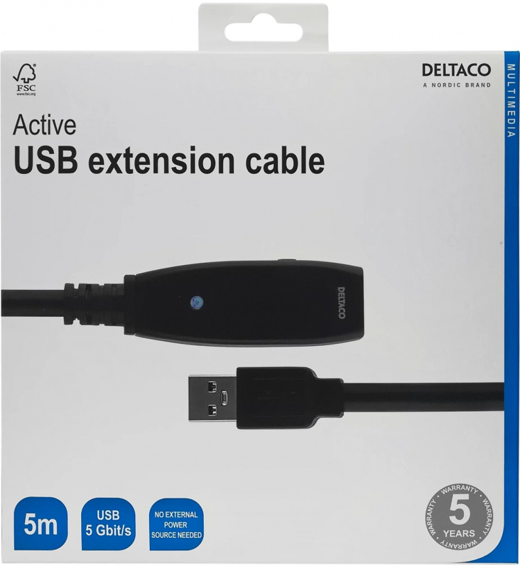 DELTACO PRIME aktiv USB 3.0-förlängningskabel, Typ A ha - ho, 5m, bl
