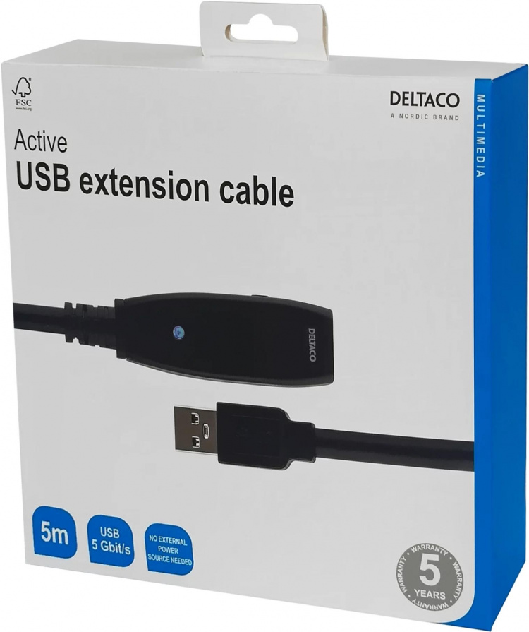 DELTACO PRIME aktiv USB 3.0-förlängningskabel, Typ A ha - ho, 5m, bl