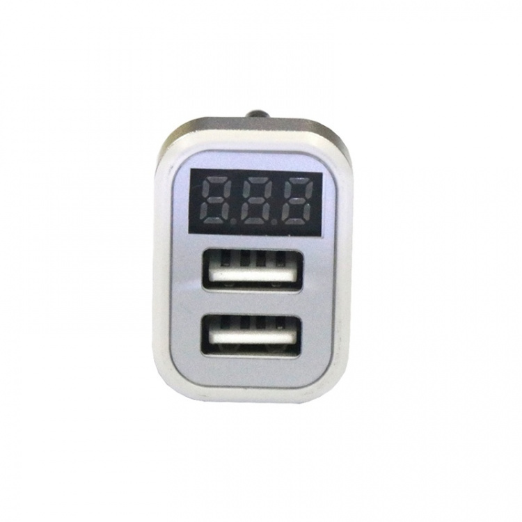 USB-autolader met 2 USB-poorten en display, Zilver USB-autolader met 2 USB-poorten en display, Zilver