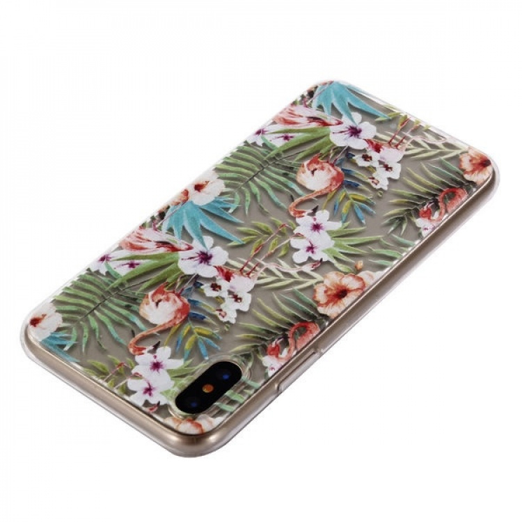 Zacht TPU-hoesje voor iPhone X/XS, Flamingo, Planten