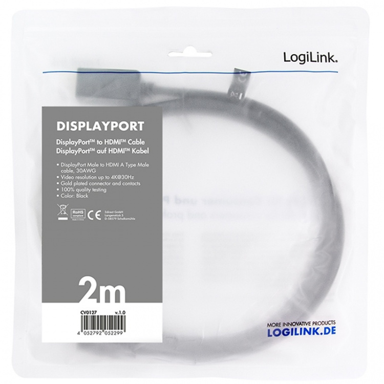 LogiLink DisplayPort 1.2 -> HDMI 1.4K 2m Zwart LogiLink DisplayPort 1.2 -> HDMI 1.4K 2m Zwart