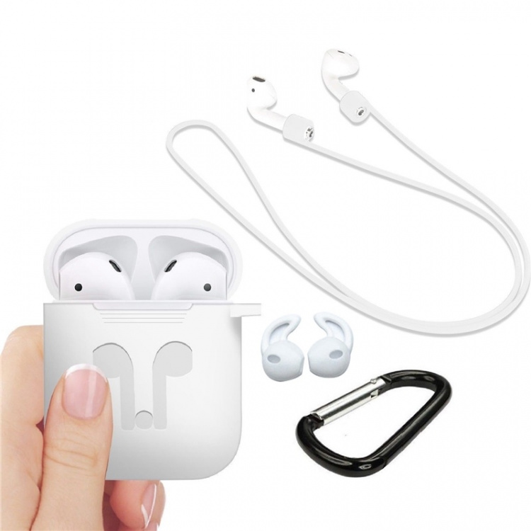 Siliconenkit voor Airpods, Siliconen hoesje, Riempje, Siliconen oordopjes, Karabijnhaak, Wit