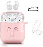 Siliconenkit voor Airpods, Siliconen hoesje, Riempje, Siliconen oordopjes, Karabijnhaak, Roze Siliconenkit voor Airpods, Siliconen hoesje, Riempje, Siliconen oordopjes, Karabijnhaak, Roze