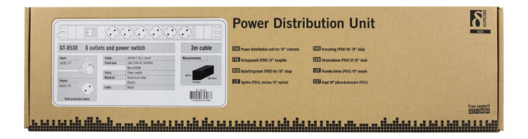 DELTACO Grenuttag, 6xCEE 7/4, 1xCEE 7/7, brytare, 3m kabel, svart
