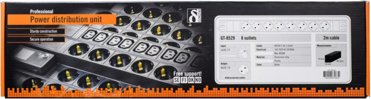 DELTACO Grenuttag, 8xCEE 7/4, 1xCEE 7/7, 2m kabel, svart