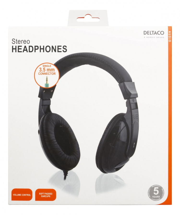 DELTACO hörlurar med volymkontroll 2,5 m kabel, svart