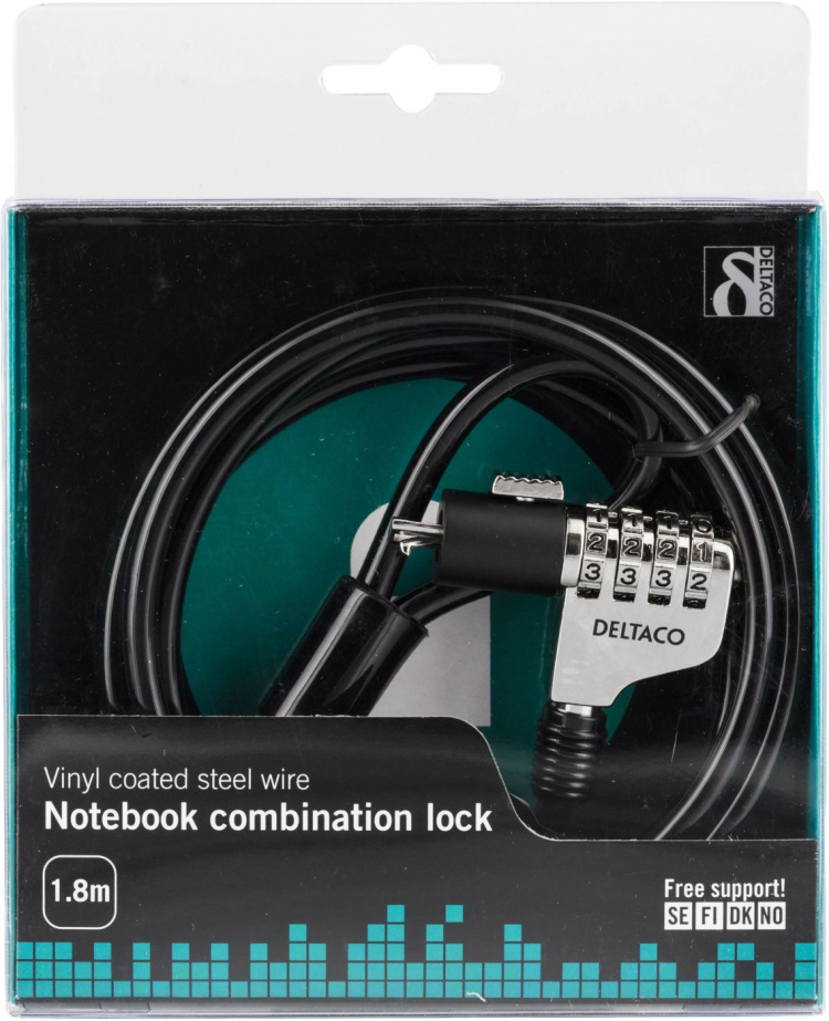 DELTACO wirelås för Laptop 1,8m cylinderlås, kombinationlås, 6mm w