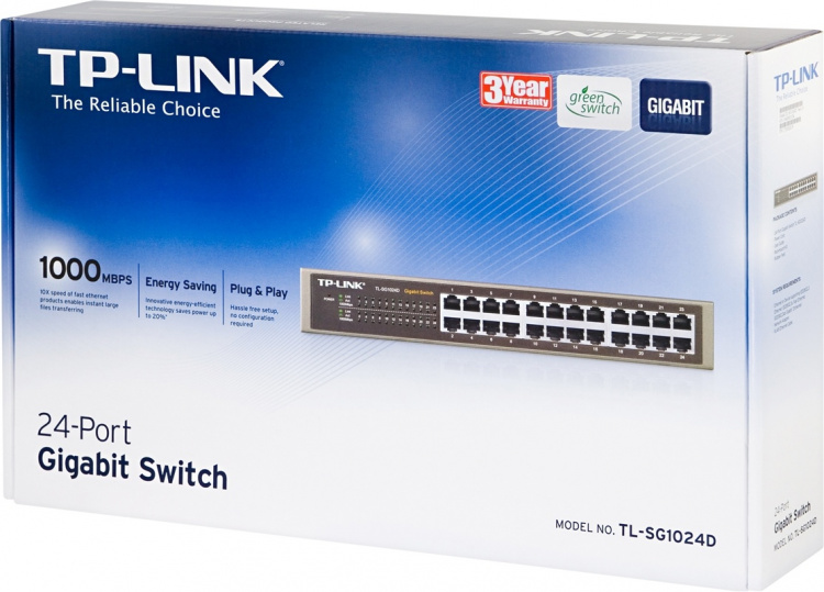 TP-LINK, nätverksswitch, 24-ports 10/100/1000Mbps, RJ45, metall, 19
