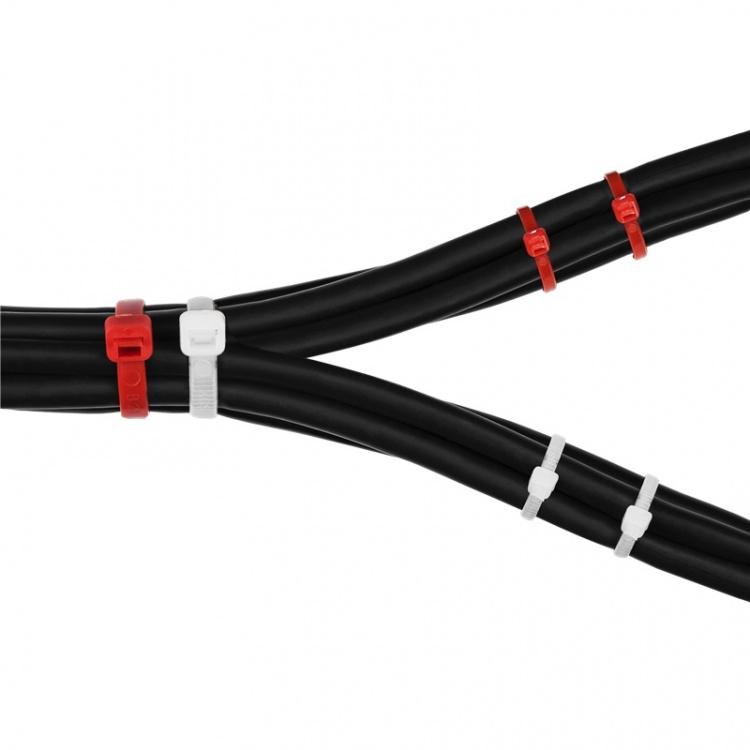 DELTACO buntband, 100mm & 200mm, 200-pack, röd/vit