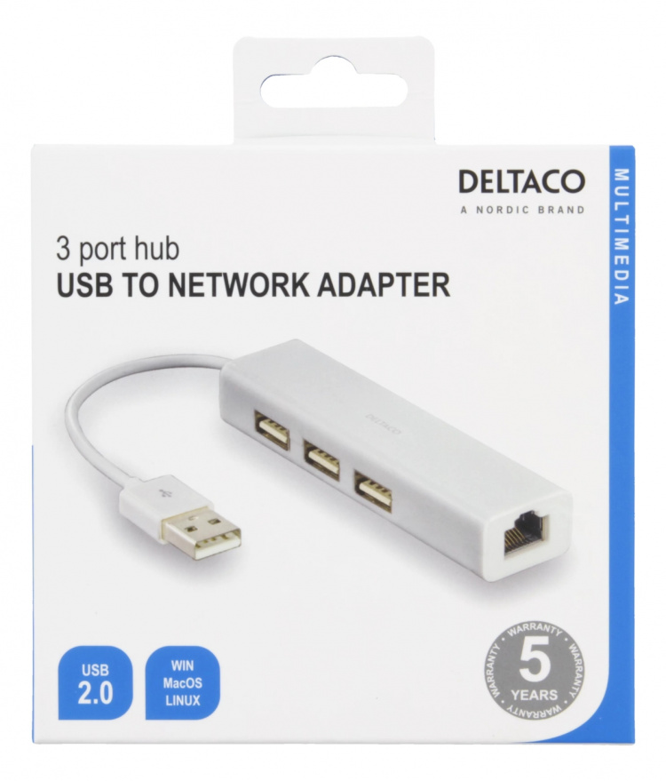 DELTACO USB 2.0 nätverksadapter med USB-hubb, 100Mbps, 3xUSB, vit DELTACO USB 2.0 nätverksadapter med USB-hubb, 100Mbps, 3xUSB, vit