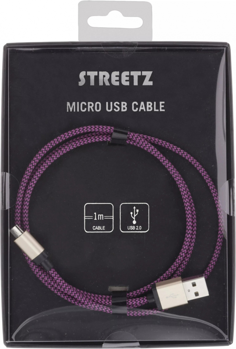 STREETZ USB-kabel, Tygklädd, Typ A ha - Typ Micro B, 1m, lila