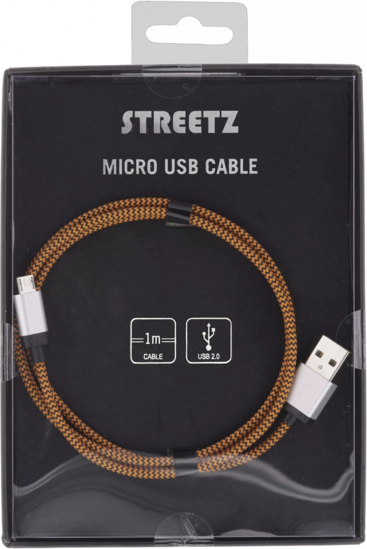 STREETZ USB cable, fabric coated, Type A M - Type Micro B, 1m, orange