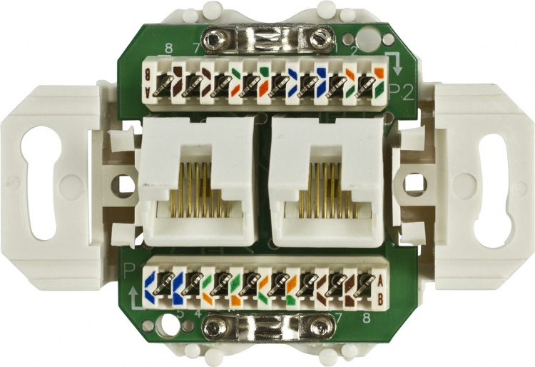 DELTACO oskärmat vägguttag, infällt, 2xRJ45, Cat6, vit