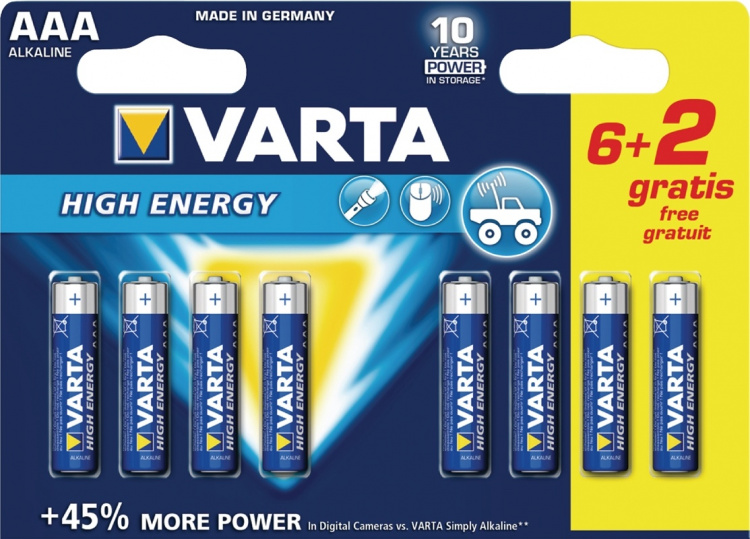 Varta Alkaline Batterij AAA 1.5 V High Energy 8-Promotional Blister Varta Alkaline Batterij AAA 1.5 V High Energy 8-Promotional Blister