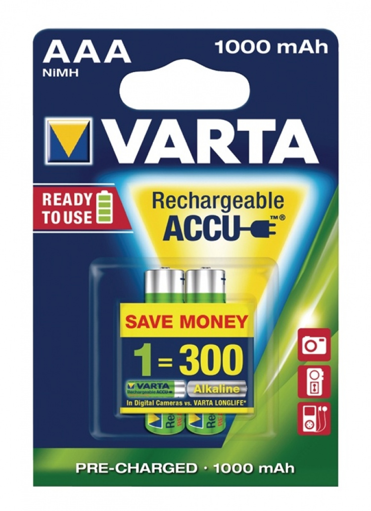Varta Oplaadbare NiMH-Batterij AAA | 1.2 V DC | 1000 mAh | Voorgeladen | 2-Blisterkaart Varta Oplaadbare NiMH-Batterij AAA | 1.2 V DC | 1000 mAh | Voorgeladen | 2-Blisterkaart